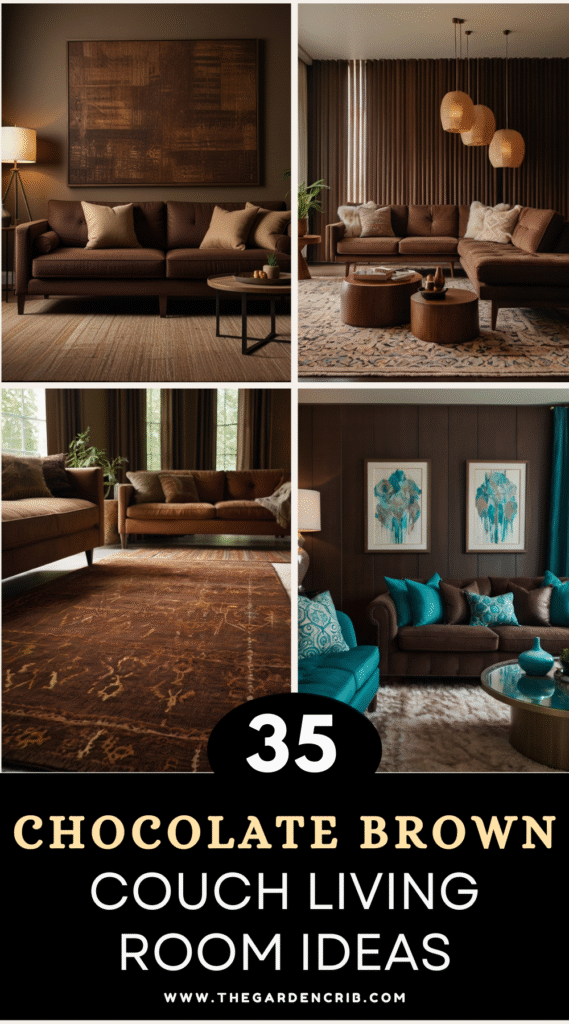 Collection of chocolate brown couches styled in diverse interiors—boho, modern, rustic, and minimalist. Each scene highlights rich textures, warm lighting, and curated décor elements.
