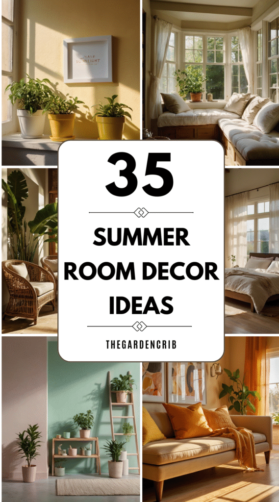 Summer room décor ideas with citrus hues, rattan textures, and breezy fabrics styled in sunlit interiors. Natural elements, soft lighting, and vibrant accents create fresh, airy seasonal spaces.