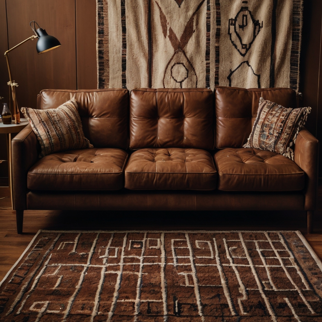 Chocolate couch over bold abstract rug in soft lighting. Irregular patterns add modern artistic flair.