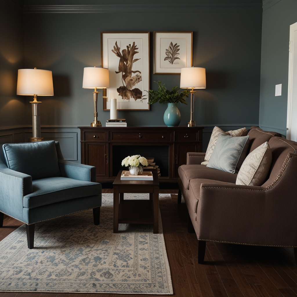 Chocolate couch framed by cozy accent chairs in a symmetrical layout. Neutral palette glows under ambient lighting.