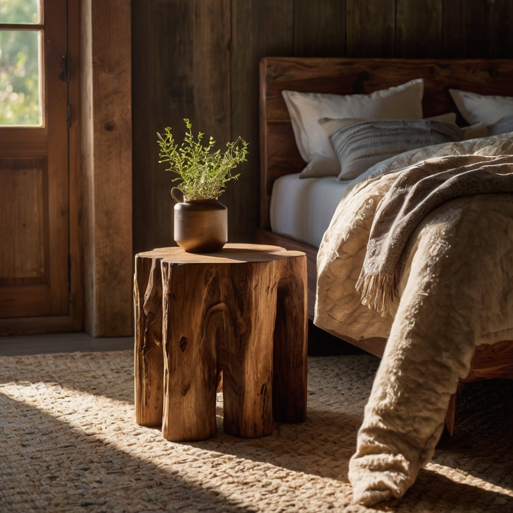 Rustic handcrafted wood stools and side tables sit beside a layered earthy boho bed. Natural grains and rough edges enhance the room’s warmth.