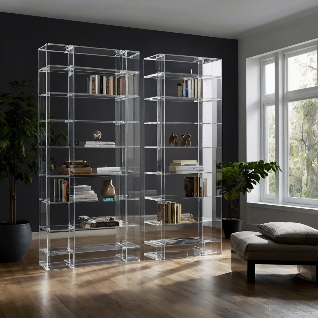 Clear acrylic bookcase fading into a sun-filled room while holding colorful books. Light interiors feel airy and bright with minimalist invisible storage.