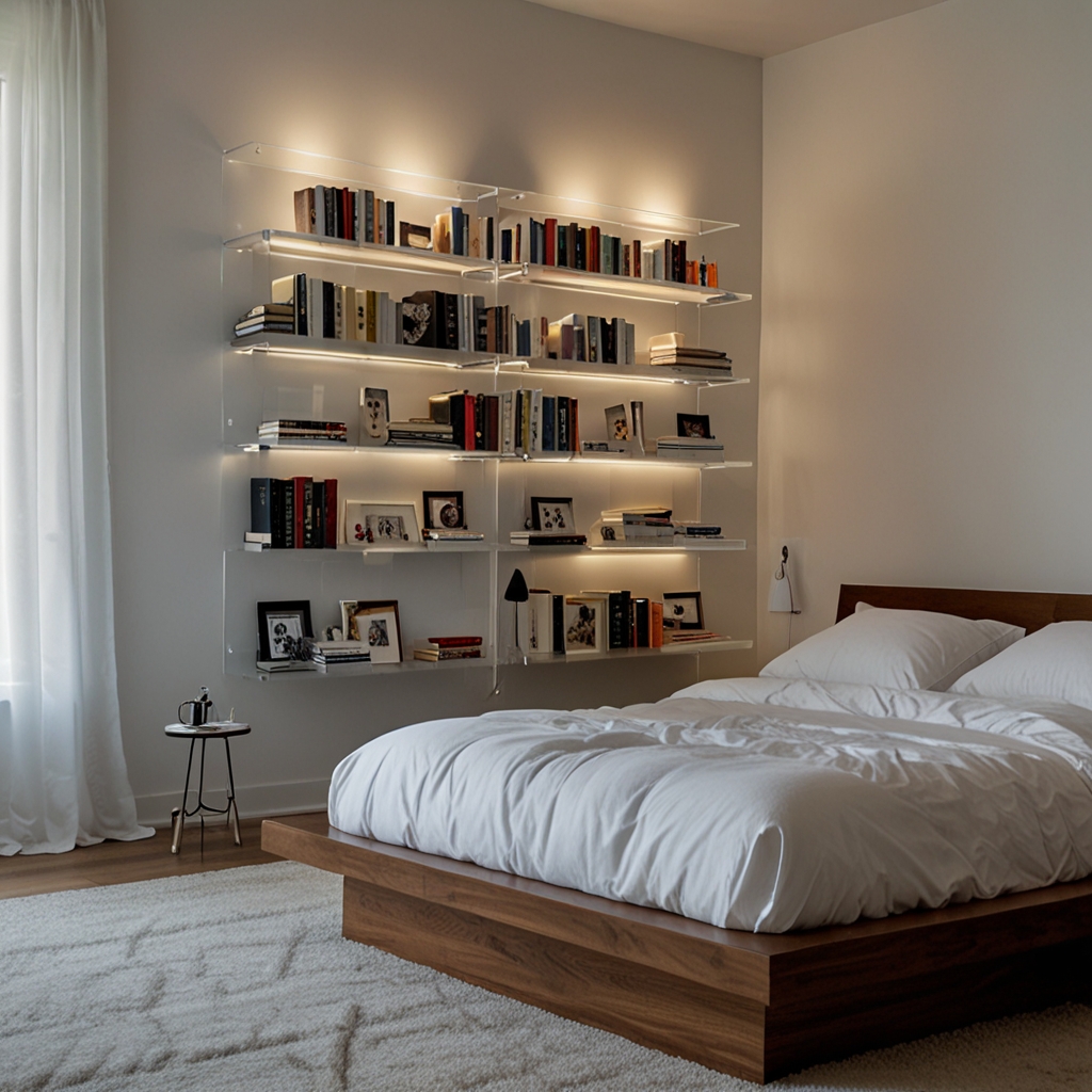 Clear acrylic shelves hold books in an almost floating display. Bright daylight makes shelves vanish into a white wall.