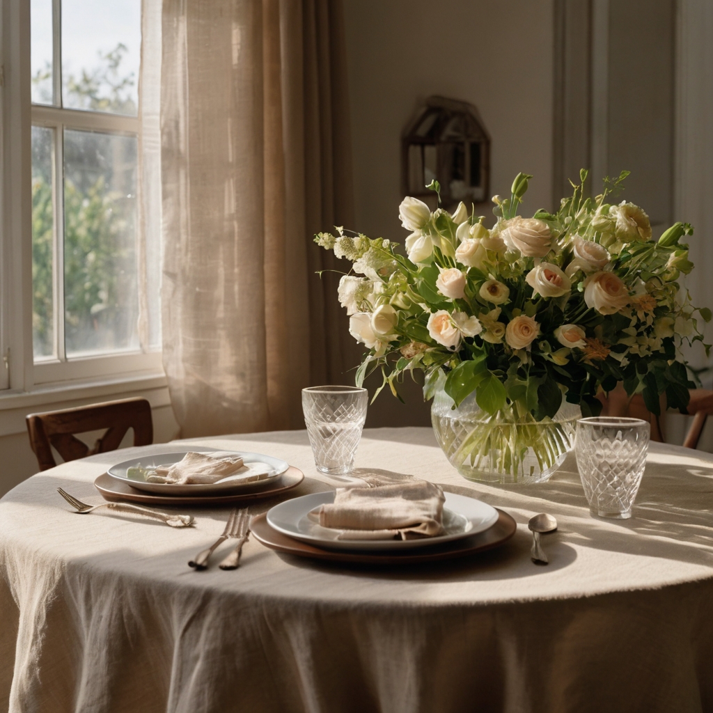 Light linen covers drape a dining table. Natural folds and textures feel breezy and elegant.