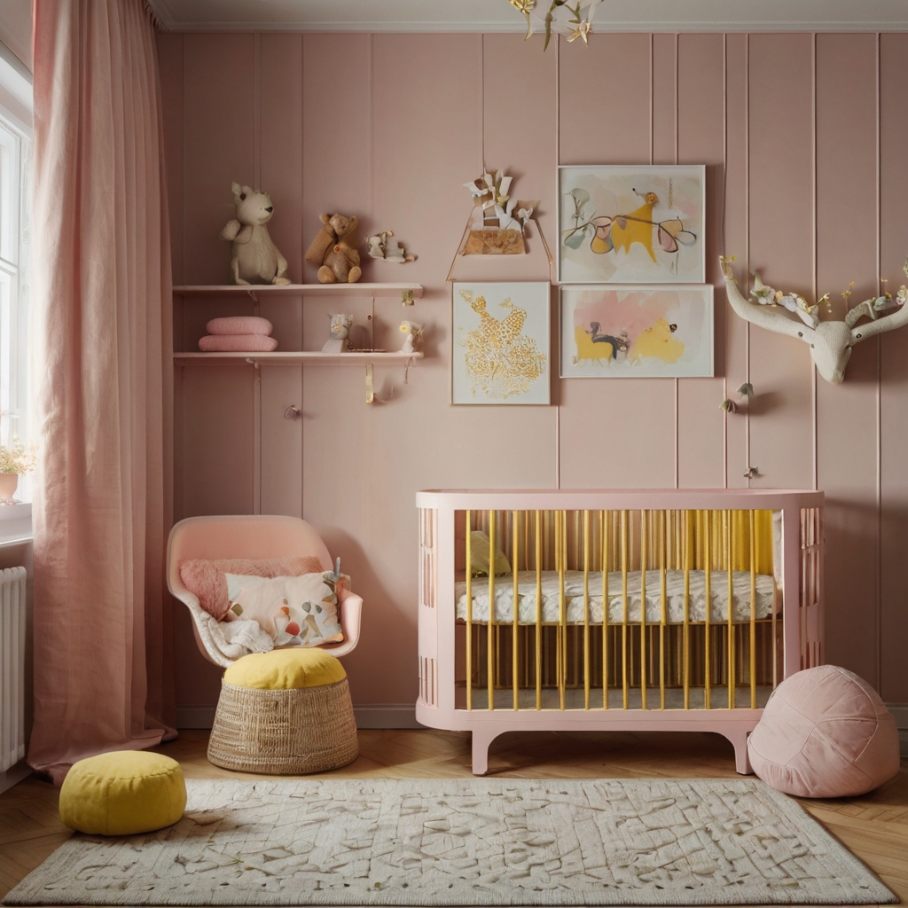 Yellow and pink accents in a nursery create a nurturing, imaginative space. Soft pink cribs and golden mobiles add charm, making the environment playful and cozy.