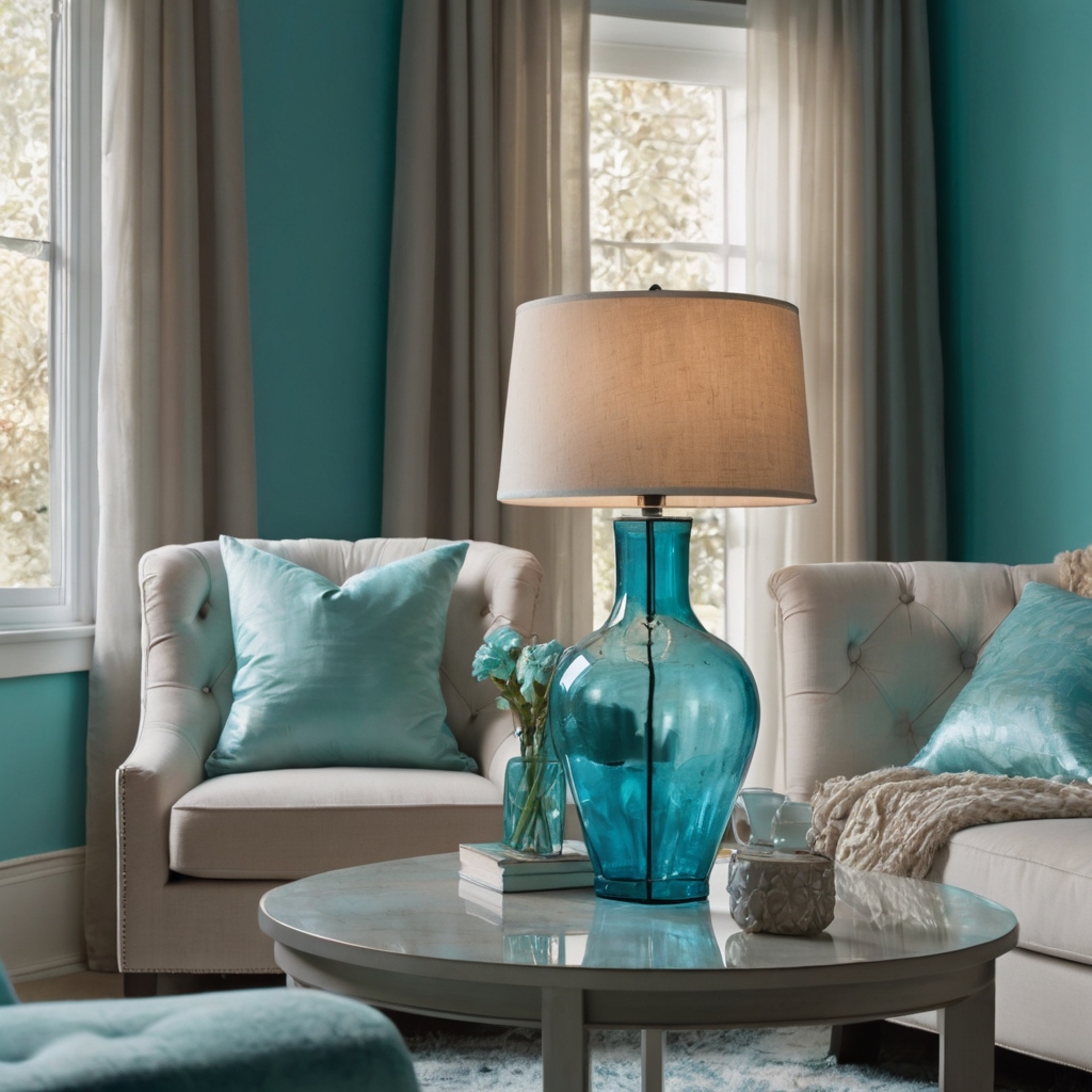 Aqua blue cushions and vases add a splash of summer cool. A fresh contrast in a neutral-toned room.