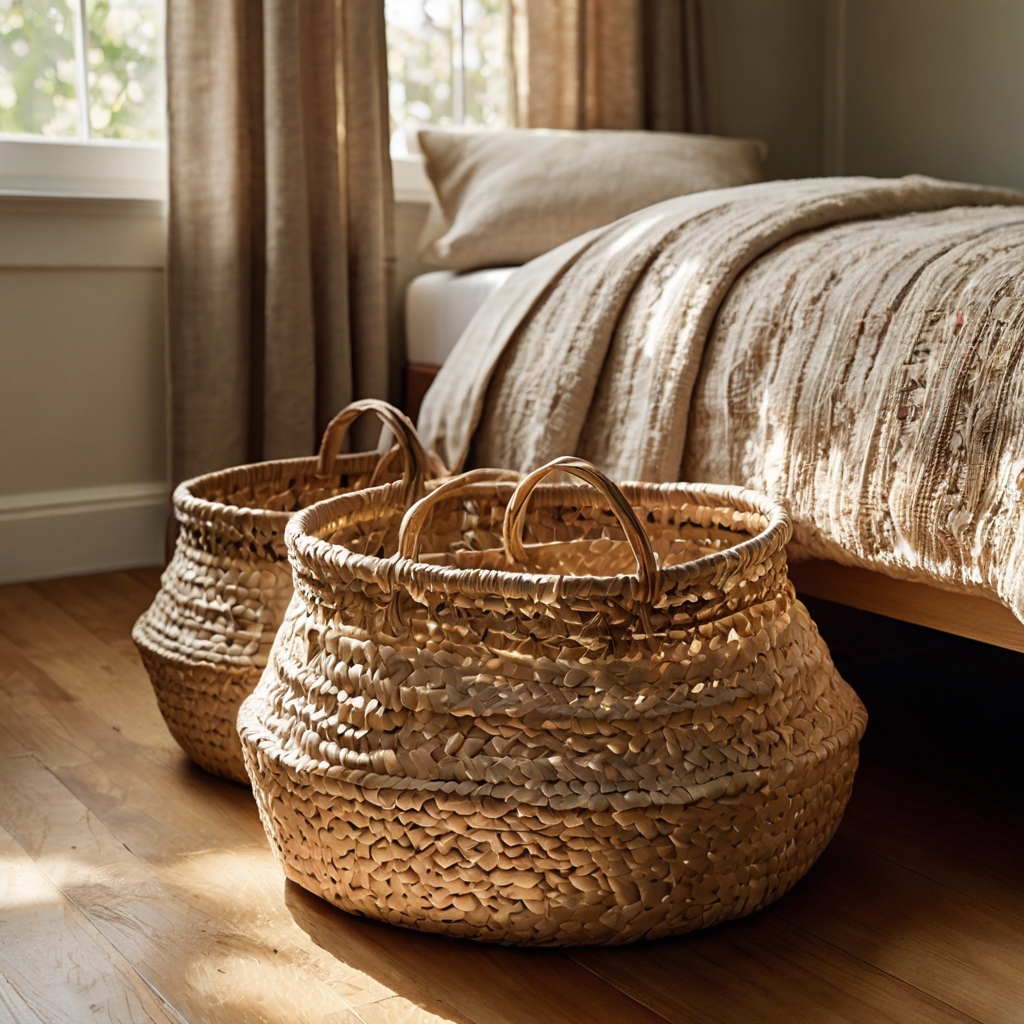 Woven baskets tucked under benches and tables. Stylish and practical for light, summer organization.