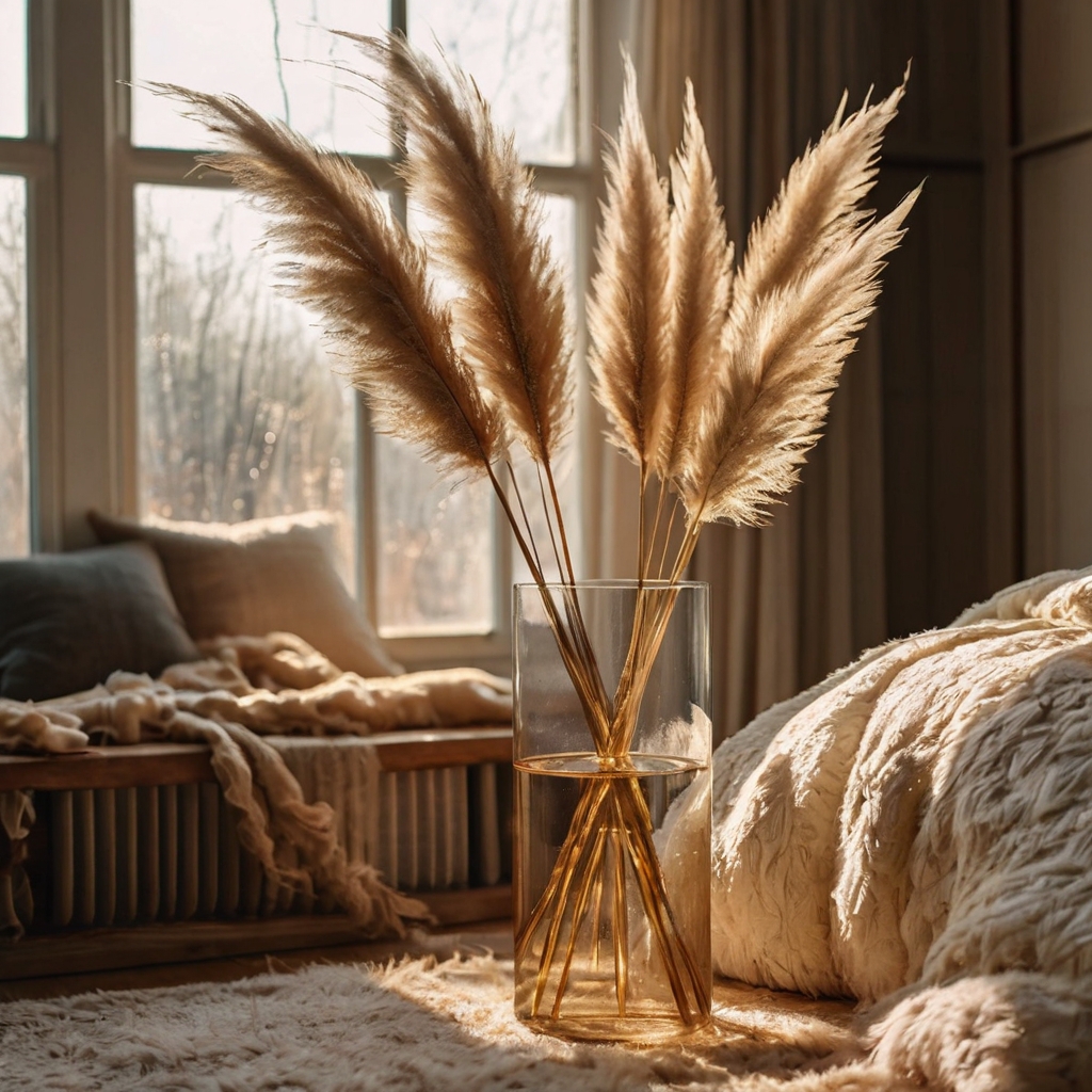 Fluffy, golden pampas grass stands tall in ceramic vases beside a boho bed. The dried stems sway softly with passing breezes, adding organic beauty.