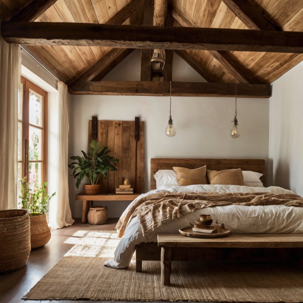 Aged wooden beams stretch across the ceiling of a cozy earthy boho bedroom. Natural wood textures add warmth and vintage grounding to the airy room.