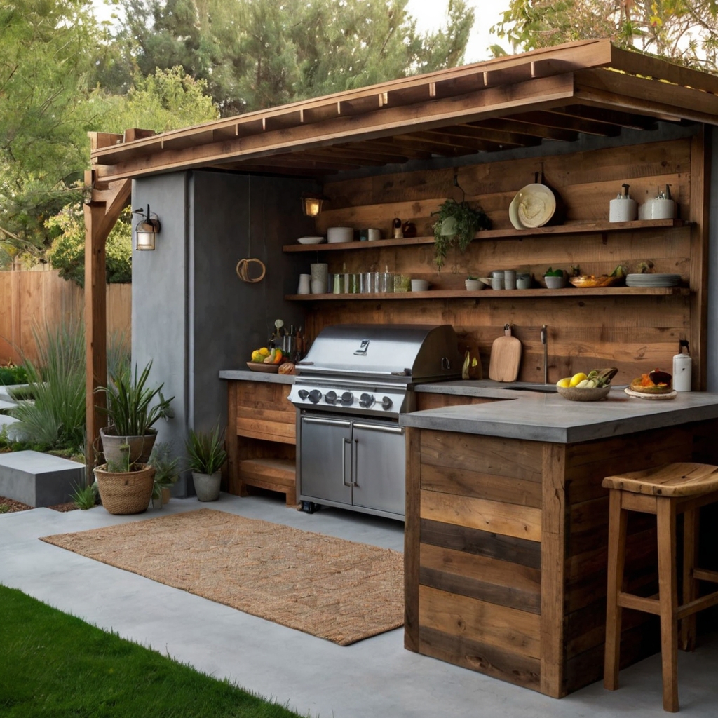 A budget-friendly BBQ kitchen with salvaged wood shelves and DIY concrete counters. Thrifted décor enhances rustic charm.