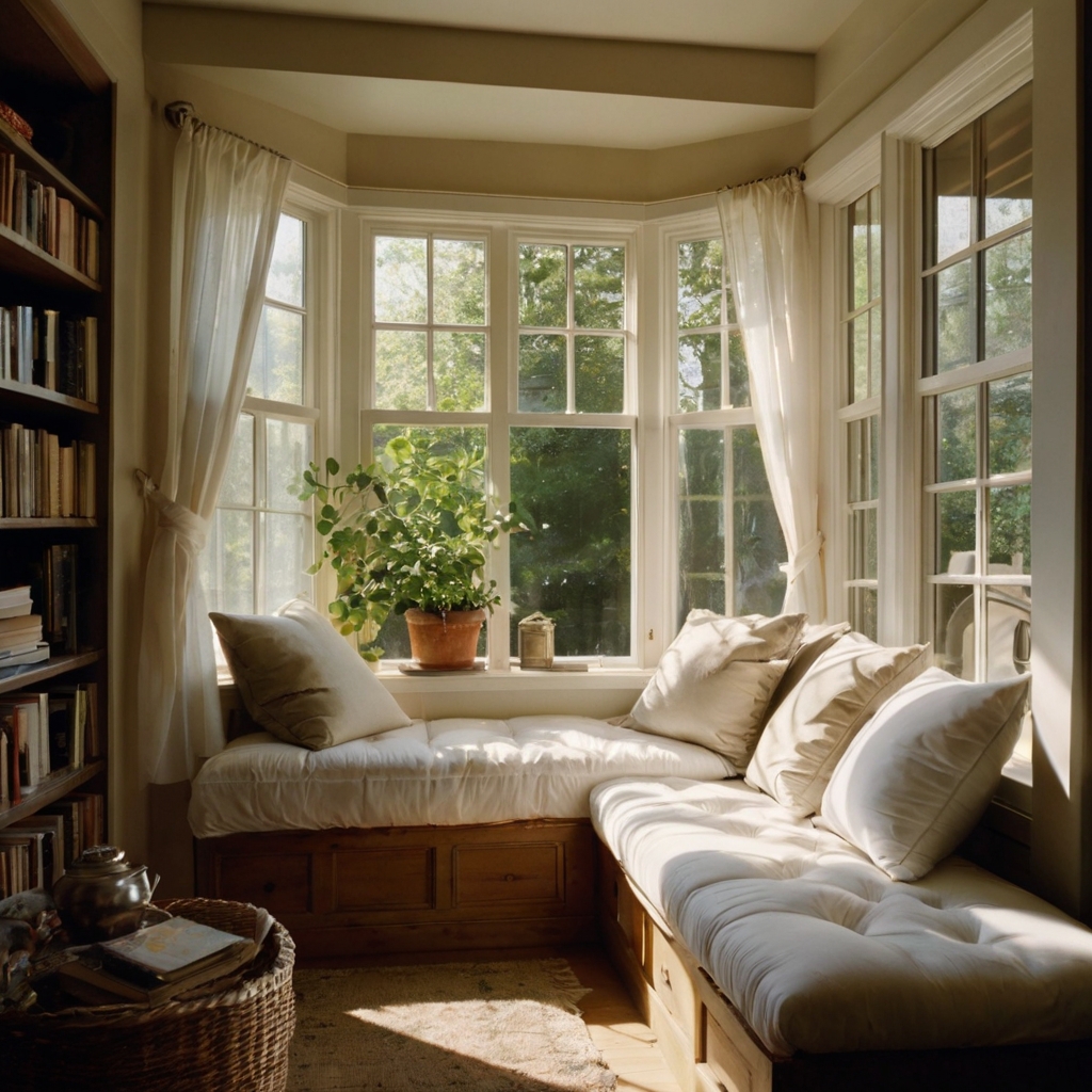 Sunlit window seat lined with cozy pillows and throws. A peaceful summer reading spot with natural light.