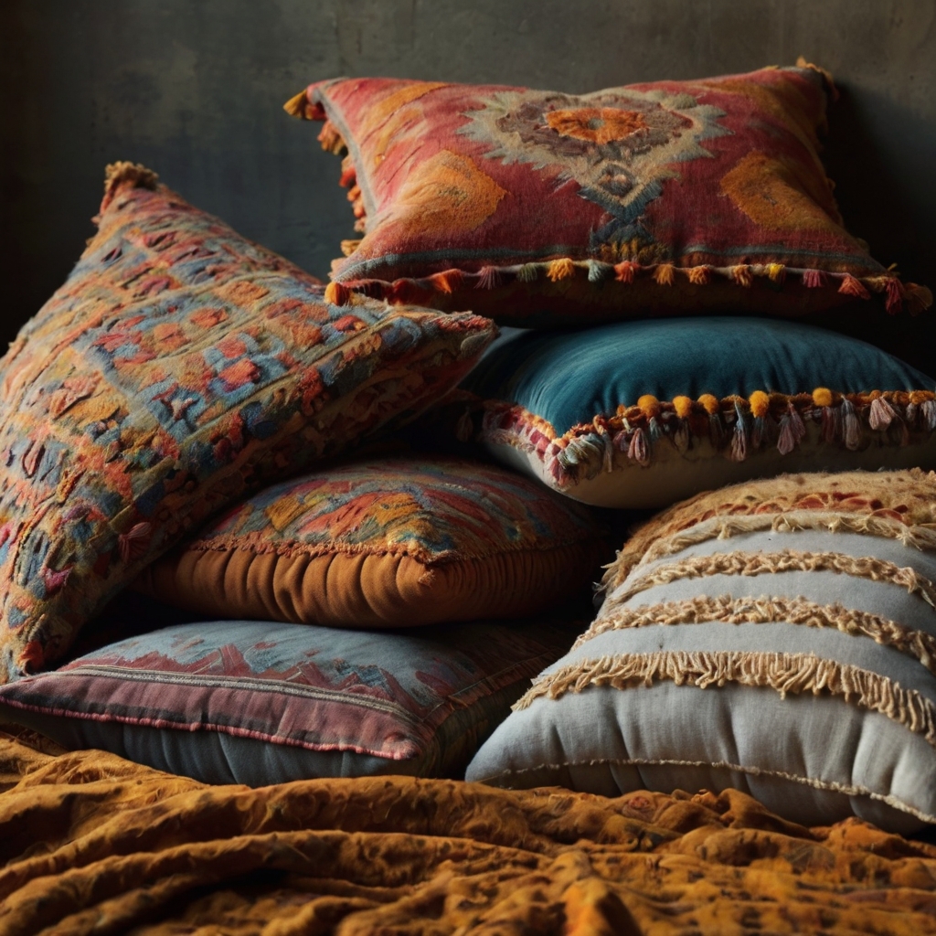 Vibrant mismatched pillows of wool, velvet, and linen sprawl over a relaxed earthy boho bed. Rich textures and bold colors create layered depth.