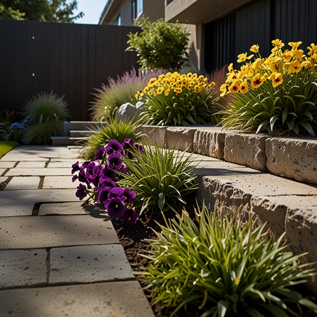 Modern front yard with jagged stone and mixed blooms in asymmetry. Bright midday light casts sharp lines, enhancing contrast.
