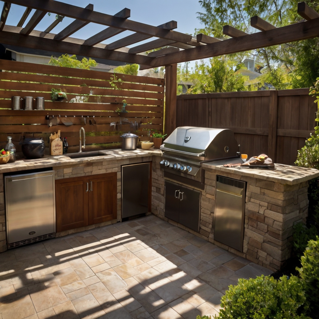 A transformed BBQ kitchen with refreshed surfaces and stainless steel fixtures. Decorative tile inlays add a unique touch.