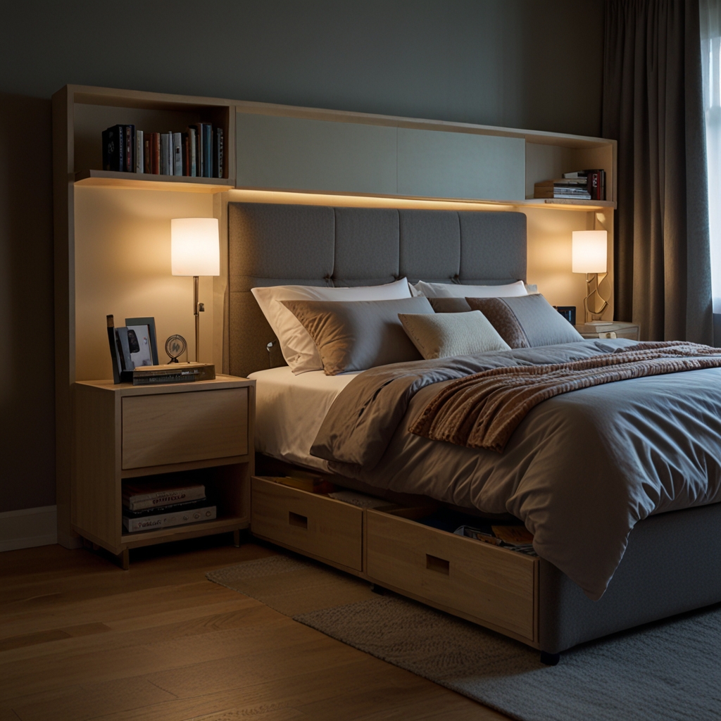 Books rest in pull-out drawers beneath a modern bed frame. A soft bedside lamp highlights wood tones and clean lines.