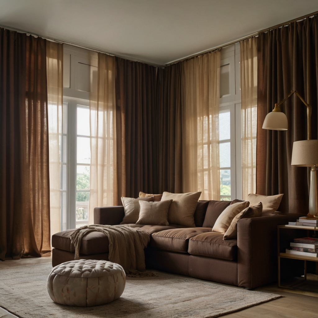 Chocolate couch beside flowing beige curtains in a soft neutral room. Window light enhances natural fabric tones.