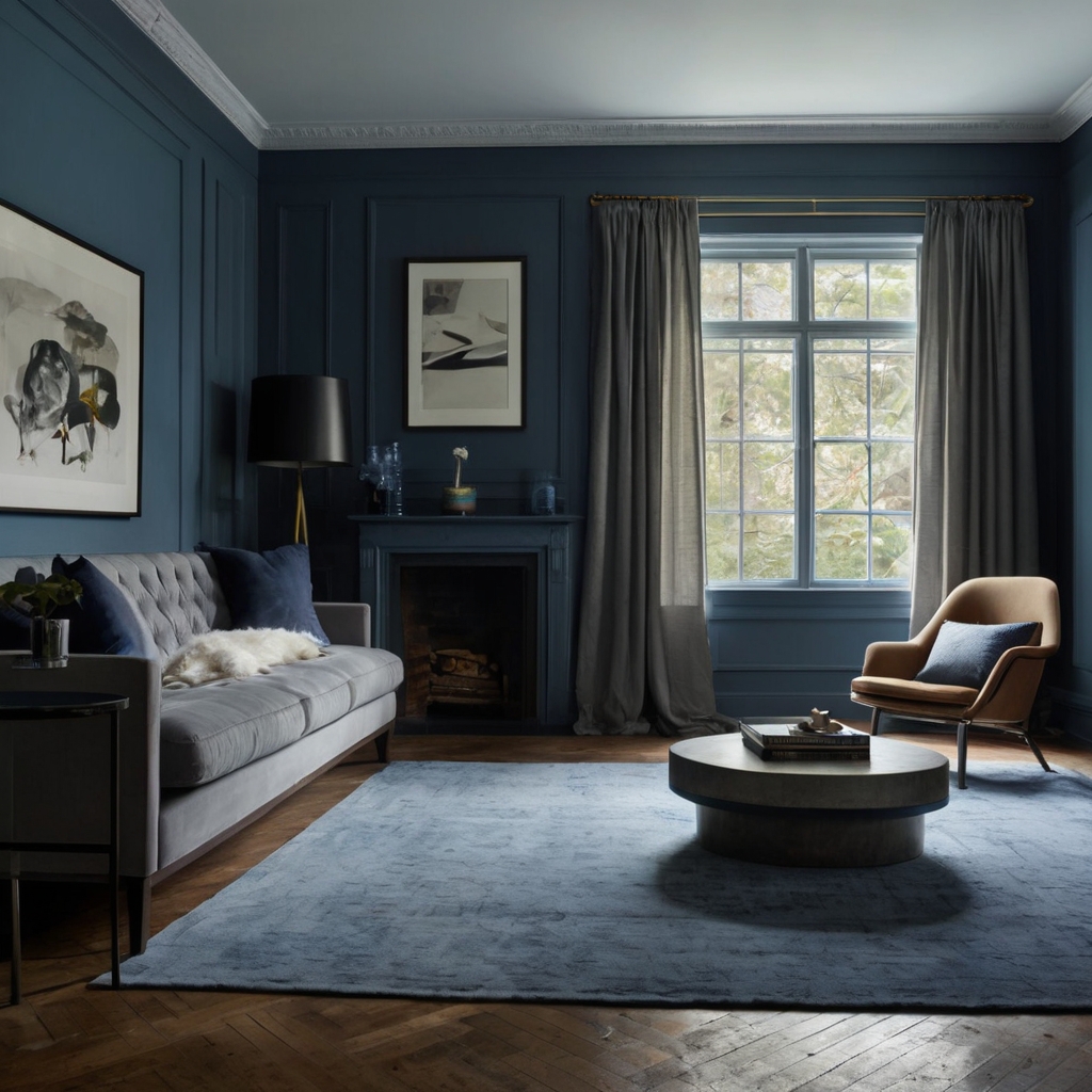 Create a modern space with varying shades of blue grey walls and matte finishes. Natural light highlights the subtle, soft appeal of the colors.