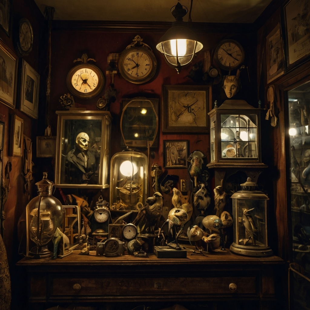 A cluttered antique shop with eccentric items under focused spotlights. Shadows enhance the curious and mysterious atmosphere.