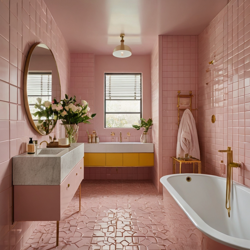 Pink tiles and yellow cabinets create a playful yet stylish bathroom. The colors bring warmth and vibrancy, creating a luxurious yet refreshing retreat.