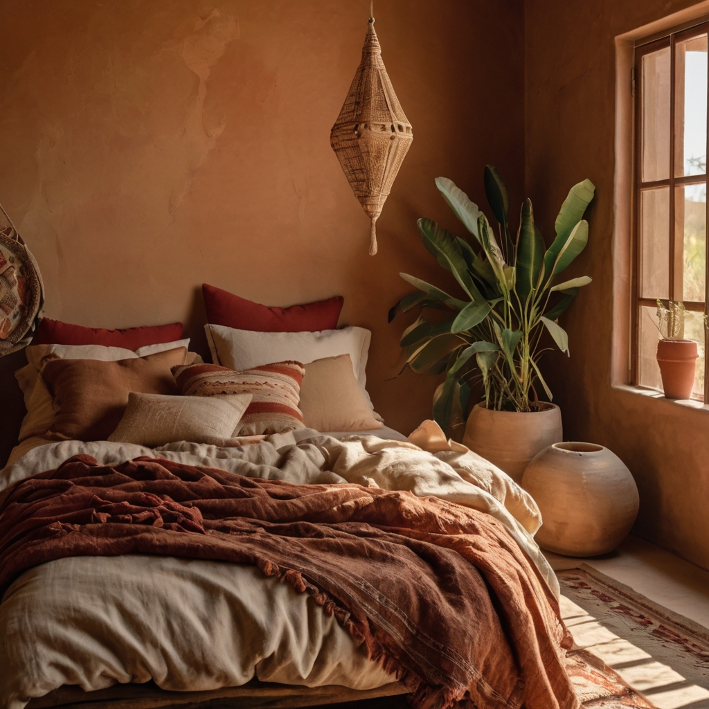 Walls and bedding mix sandy beiges with burnt clay reds inside an airy boho bedroom. Warm desert tones create a soft, sun-baked atmosphere.