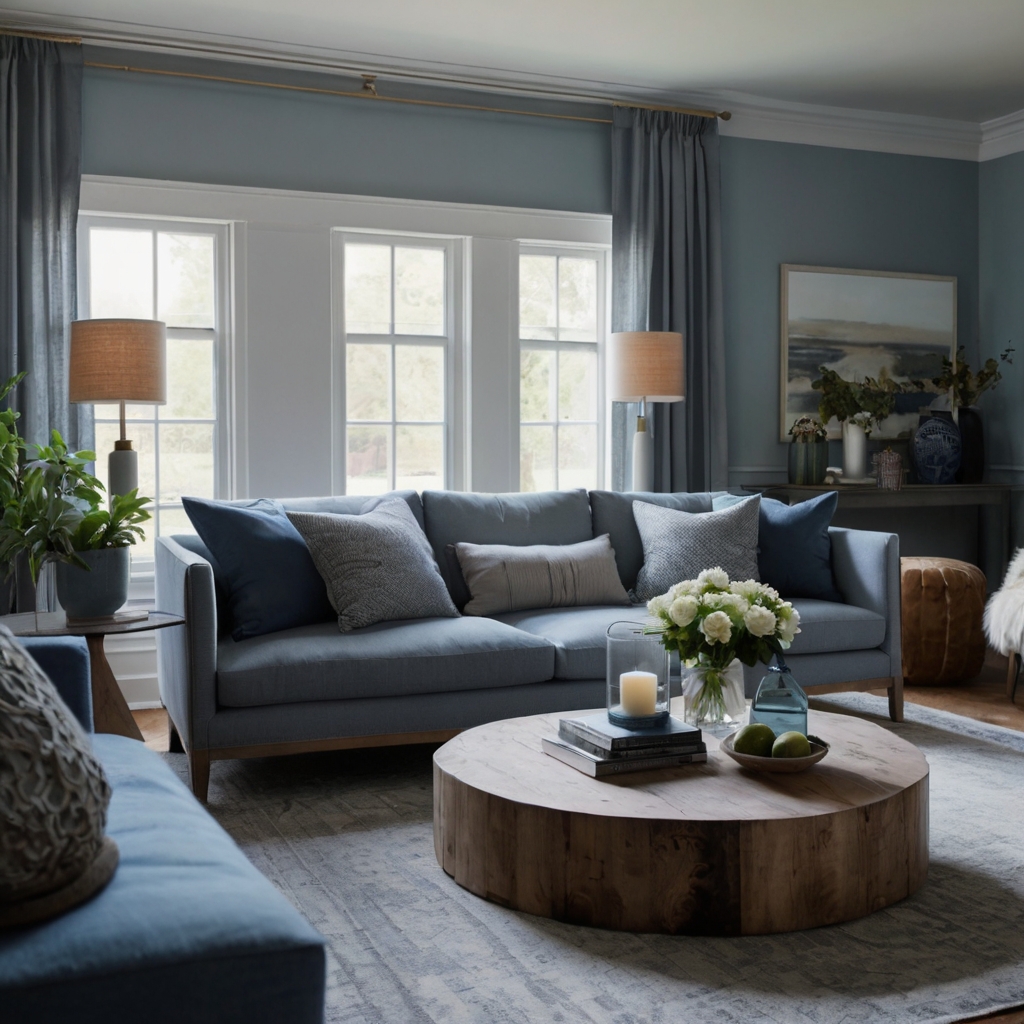 Arrange furniture in a blue grey room to enhance flow and comfort. Soft lighting and varied textures create a cozy, inviting atmosphere.
