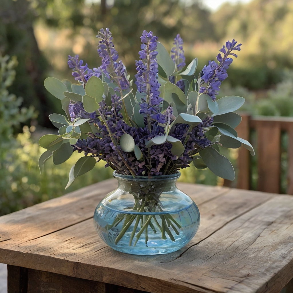 Blue lavender and eucalyptus pair up in fresh harmony, exuding natural calm and effortless chic. Morning sunlight filters across soft greens and muted blues, adding organic texture.