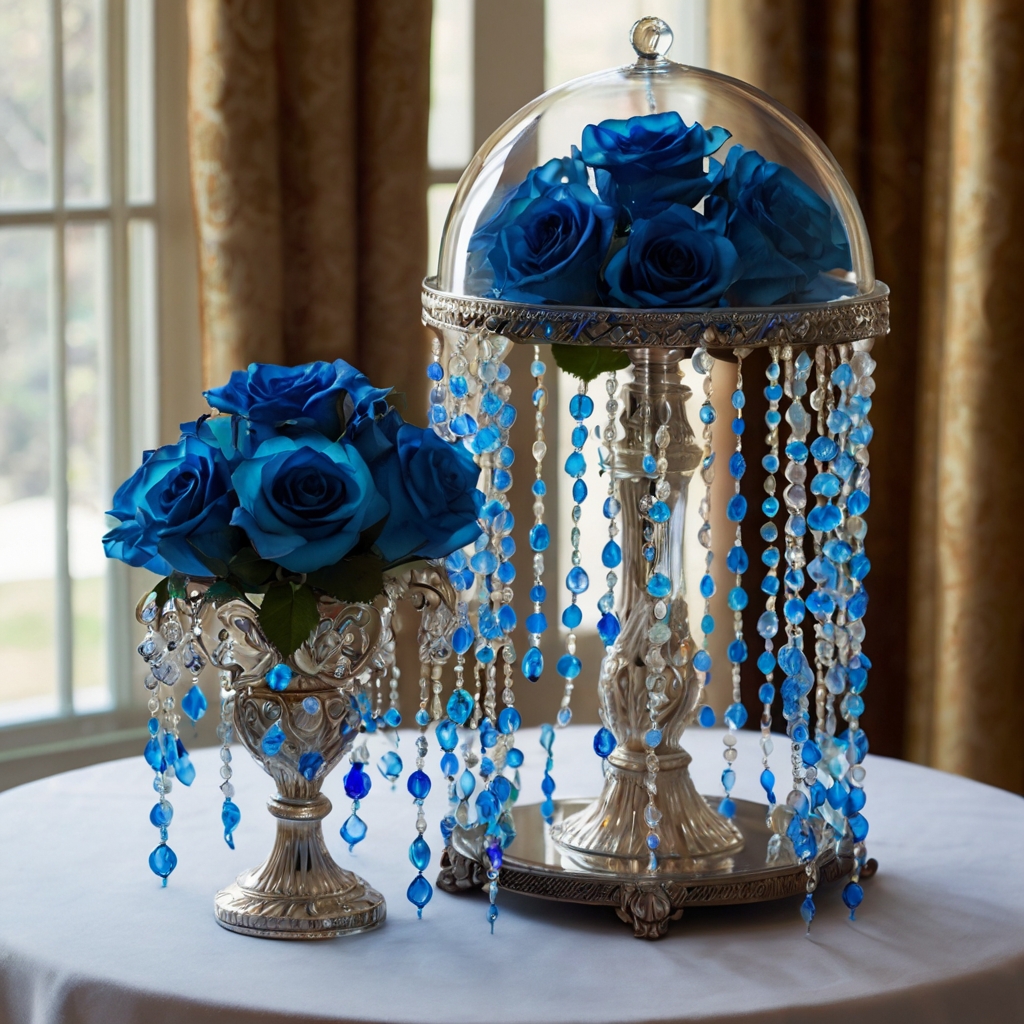 Blue roses inside crystal-domed arrangements shimmer with dangling beads, catching chandelier sparkles around them. The display blends elegance and fantasy with every glassy, light-touched curve.