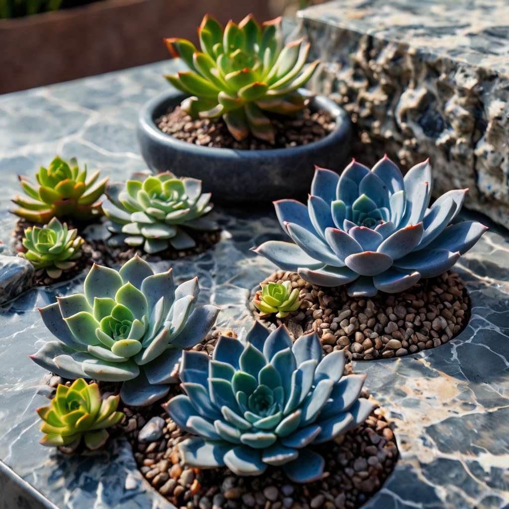 Blue succulents sit nestled among marbled stones, contrasting earthy charm with contemporary design. Directional light sharpens textures, giving this close-up a grounded elegance.