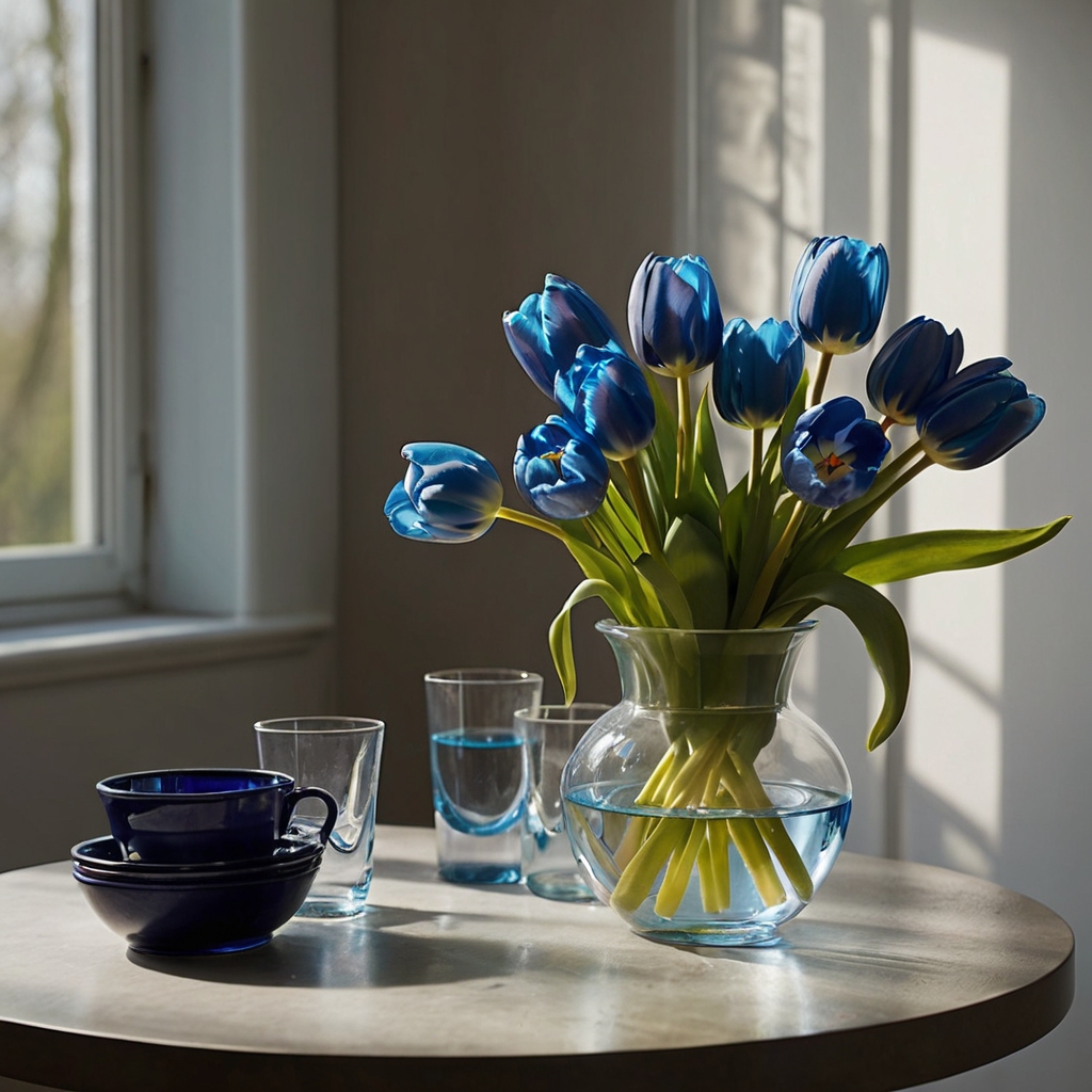 Blue tulips in clear vases rise tall against a clean, light-filled background, each stem sleek and fresh. The arrangement speaks modern, minimalist elegance in every upright bloom.