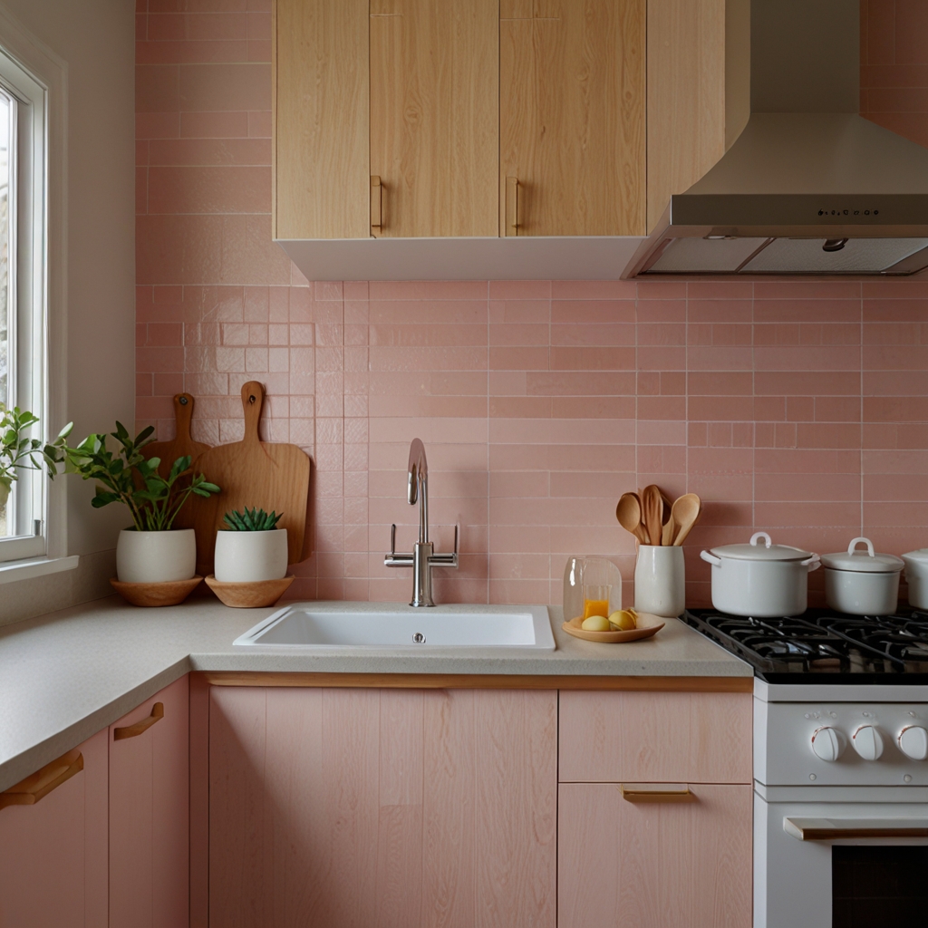 Blush pink walls with white oak cabinetry shine under natural skylight. A gentle, feminine space grounded with wood texture.