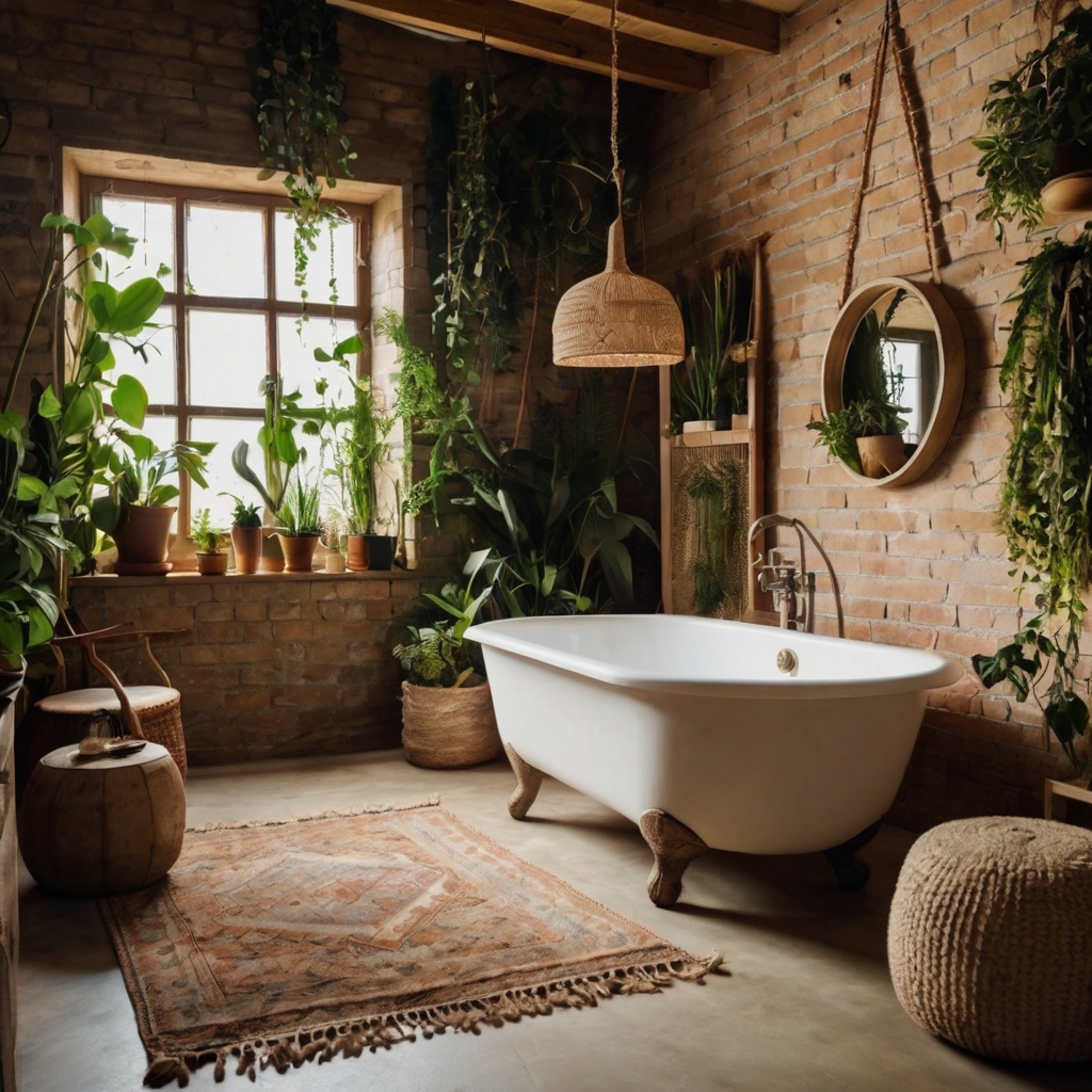 Boho Bathroom Vibe for Lazy Living Embrace laid-back bohemian charm in your bathroom. Woven textures and earthy tones turn the space into a relaxing haven.