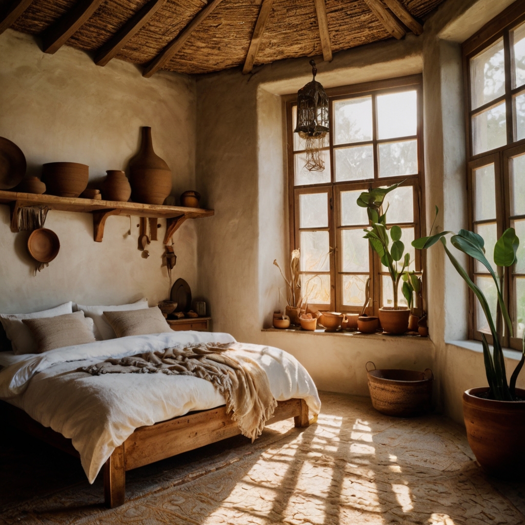 Woven throws and handmade ceramics glow in soft sunlight. Earthy textures and imperfect beauty shine in boho-rustic harmony.