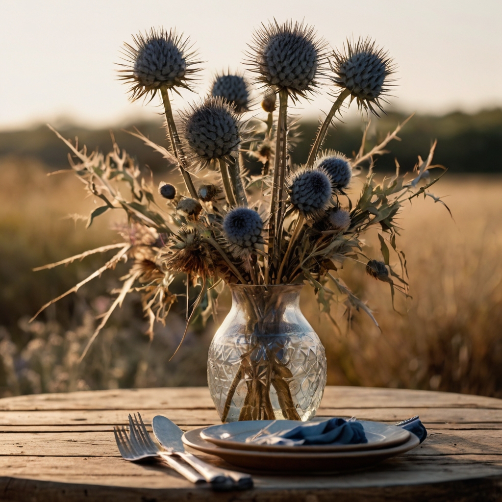 Dried blue thistles in neutral-toned vases bring boho-chic energy, feathery and naturally wild. The scene glows under golden hour light, highlighting earthy, artistic textures.