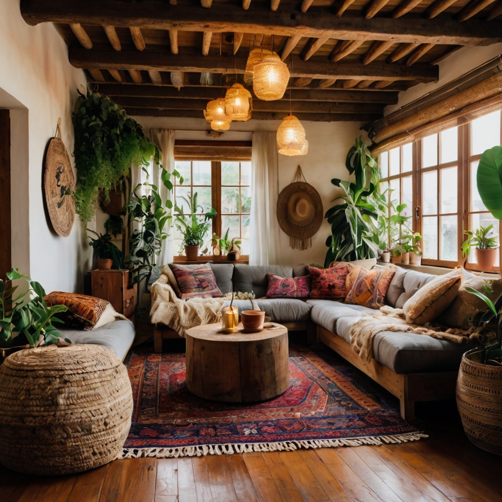 A cozy bohemian living room filled with vibrant rugs, woven tapestries, and eclectic pillows. Natural light highlights wooden beams and lush plants, creating a free-spirited vibe.