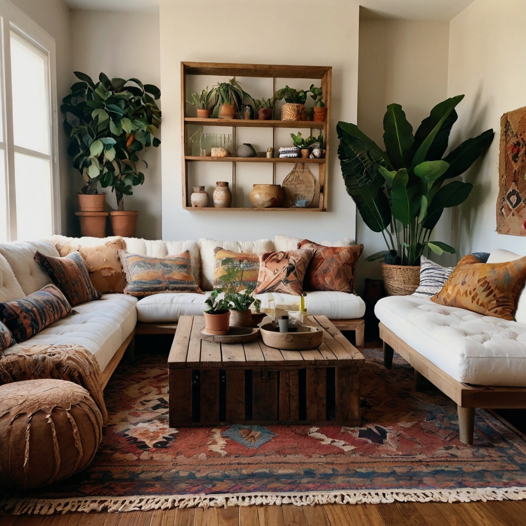 Bohemian-inspired living room with colorful textiles, plants, and vintage decor. Warm, cozy lighting enhances the eclectic style.