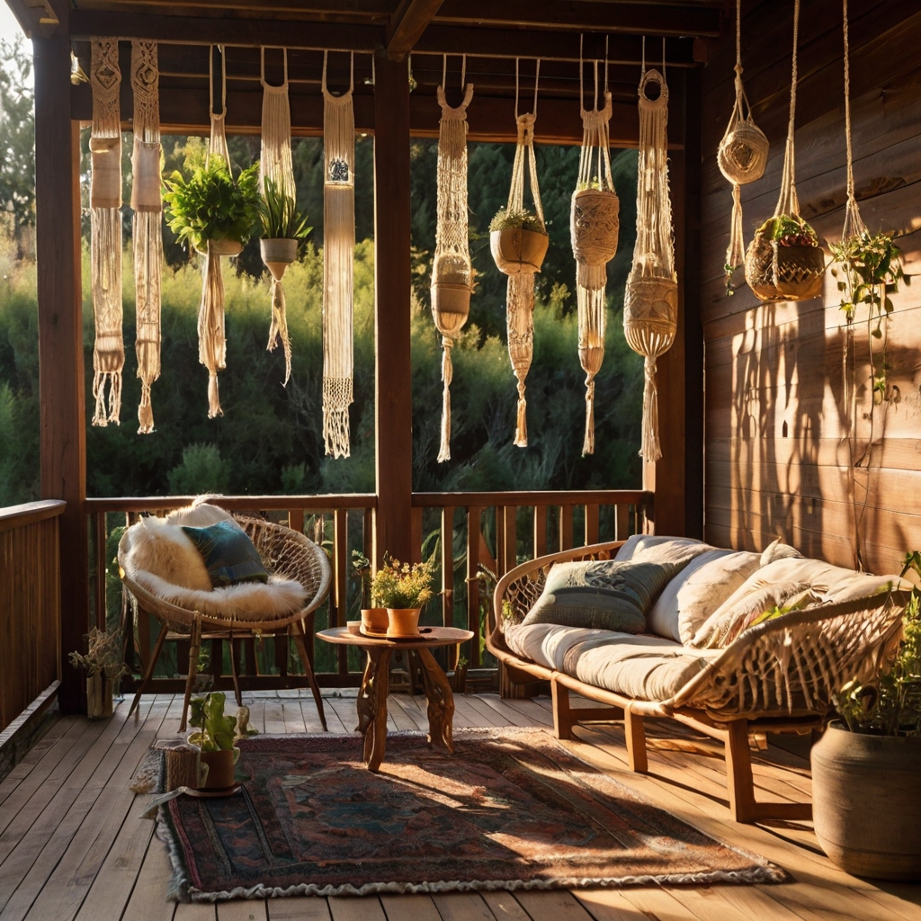 Boho-style macramé wall hanging sways near rustic wooden panels in soft daylight. Rope patterns and herbs add calm charm to cozy backyard corners.