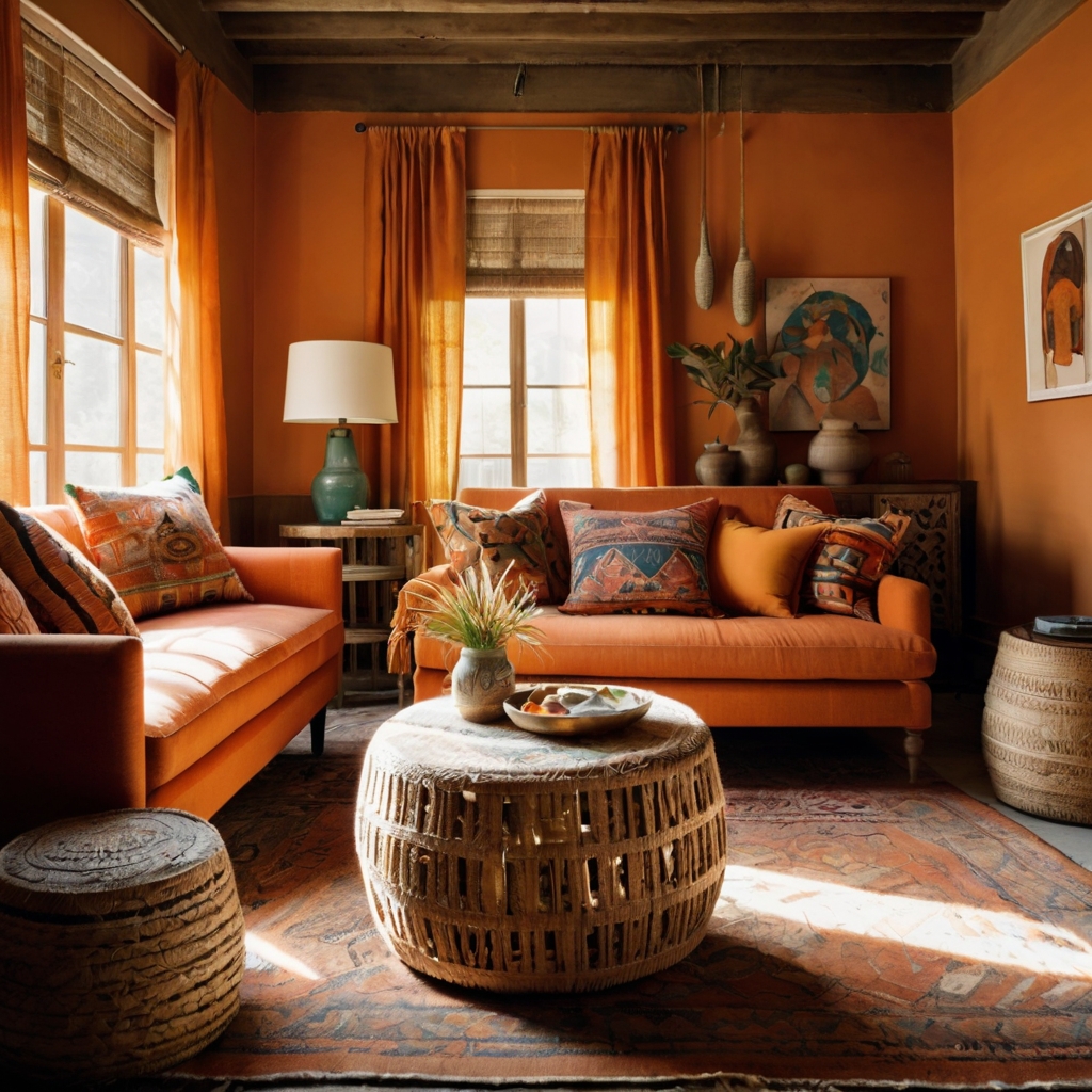 Bohemian room with orange couch, tribal fabrics, and layered textures. Warm sunlight filters through, casting playful shadows across handmade decor.