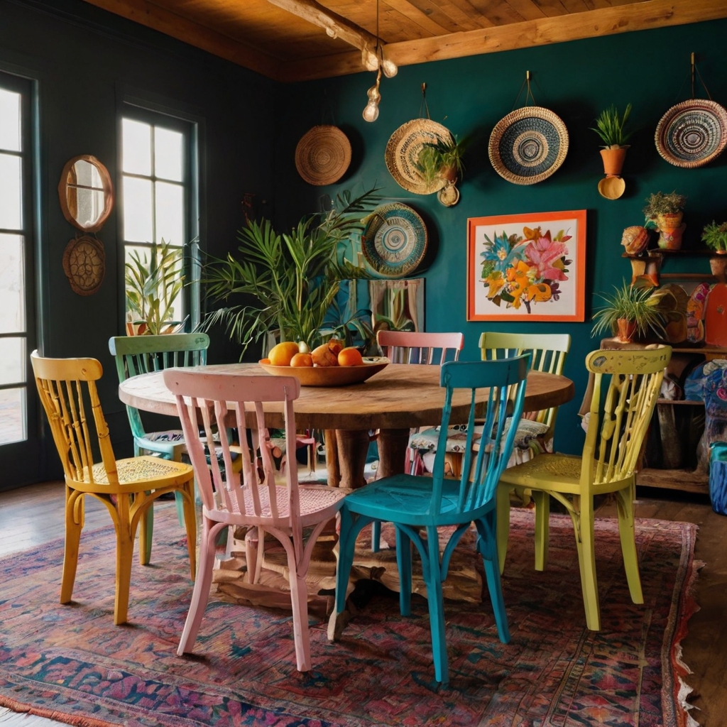 Bohemian-inspired painted chairs with vibrant patterns bring personality to a cozy room. Warm sunlight creates an inviting, eclectic atmosphere with relaxed, playful designs.