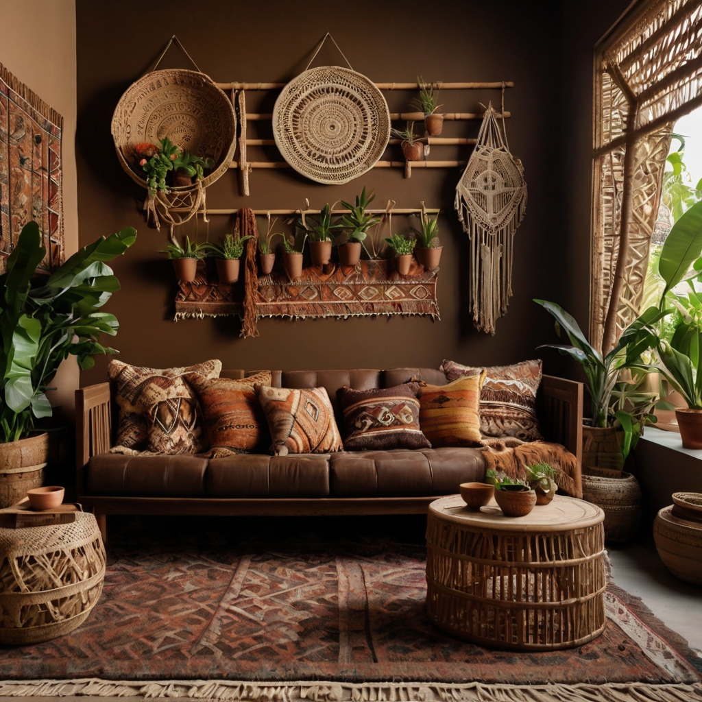 Boho-styled lounge with a chocolate couch, rattan decor, and kilim patterns. Warm lighting adds textured, earthy charm.