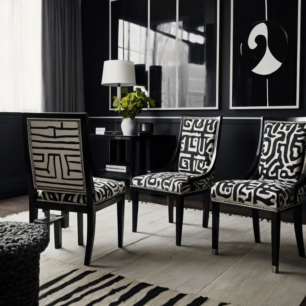 Black and white painted chairs create a striking contrast in a modern living room. Bright lighting emphasizes their sharp lines against a minimalist backdrop.