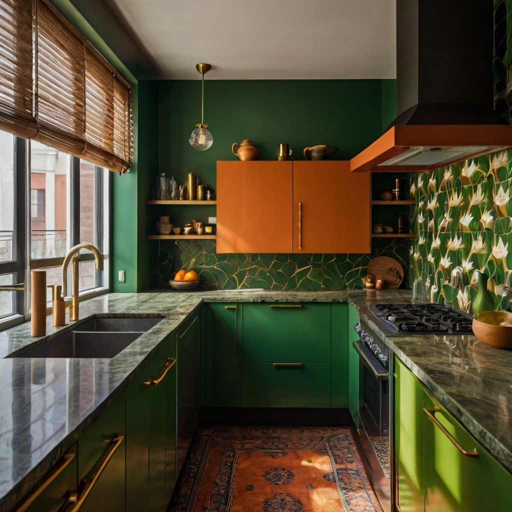 Close-up view of vibrant green cabinets, gold hardware, and patterned tiles. Mixed lighting enhances contrast and artistic expression.