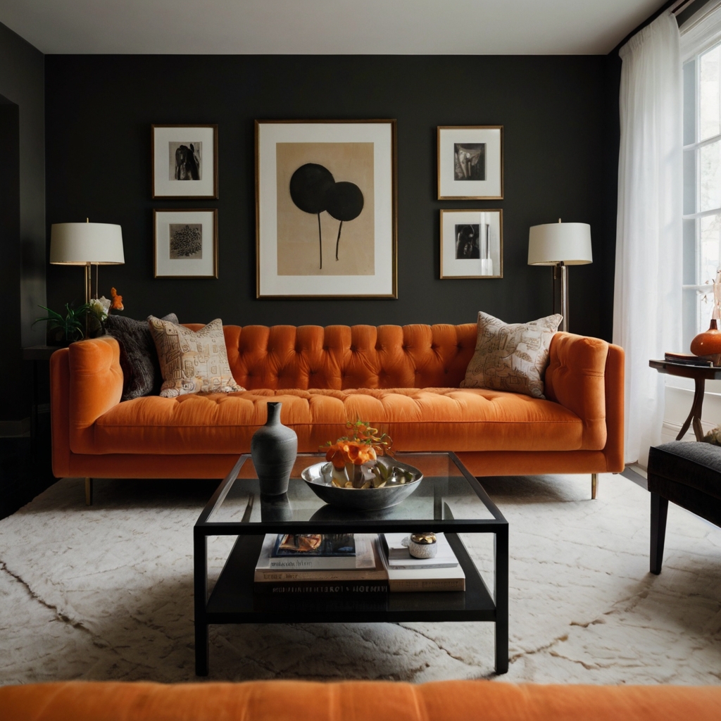 Orange sofa stands out in a balanced room of soft neutrals and symmetry. Even lighting creates subtle shadows, enhancing minimalist harmony.