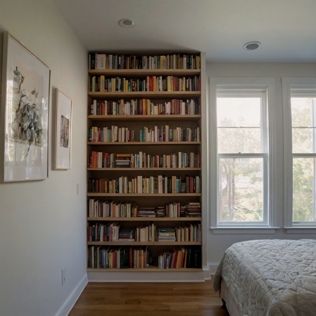 A long bookshelf above the closet tightly packs horizontal books. Bright window light reveals clever vertical space use.