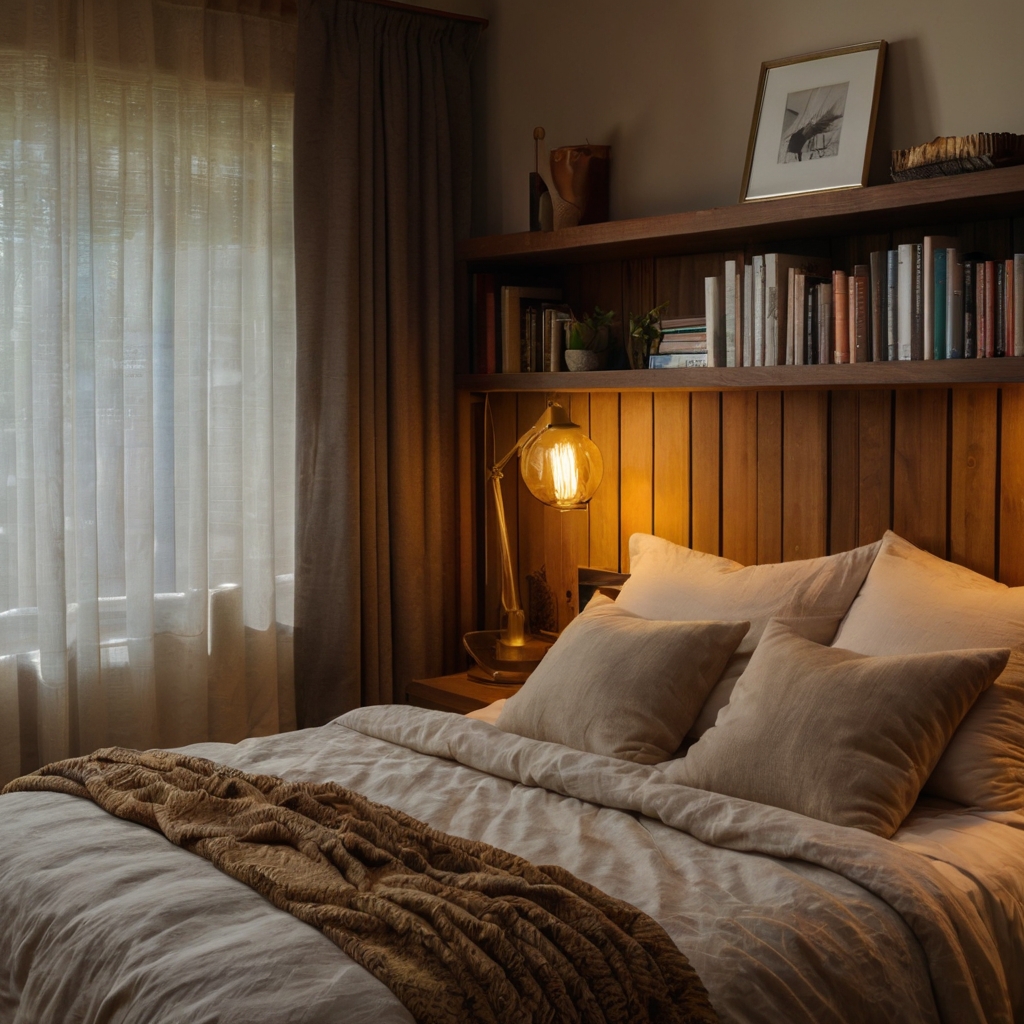 Wooden headboard blends into a bookshelf lit by a warm bedside lamp. Sunlight filters through curtains for a soft, inviting mood.