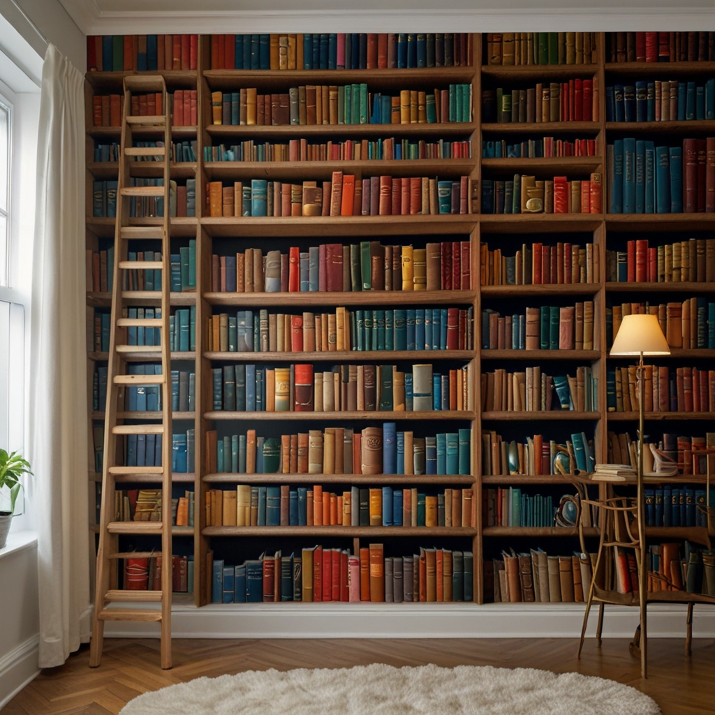 A mural mimics a real bookshelf on a flat bedroom wall. Soft light enhances the illusion’s depth and vivid detail.