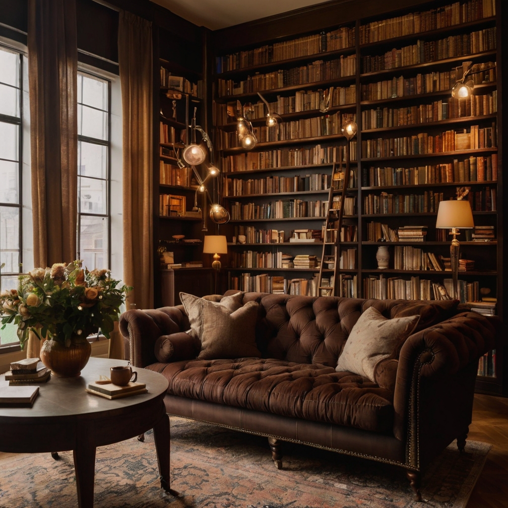 Tall bookshelves flank chocolate sofa in cozy, intellectual space. Soft lighting enhances warm brown tones.