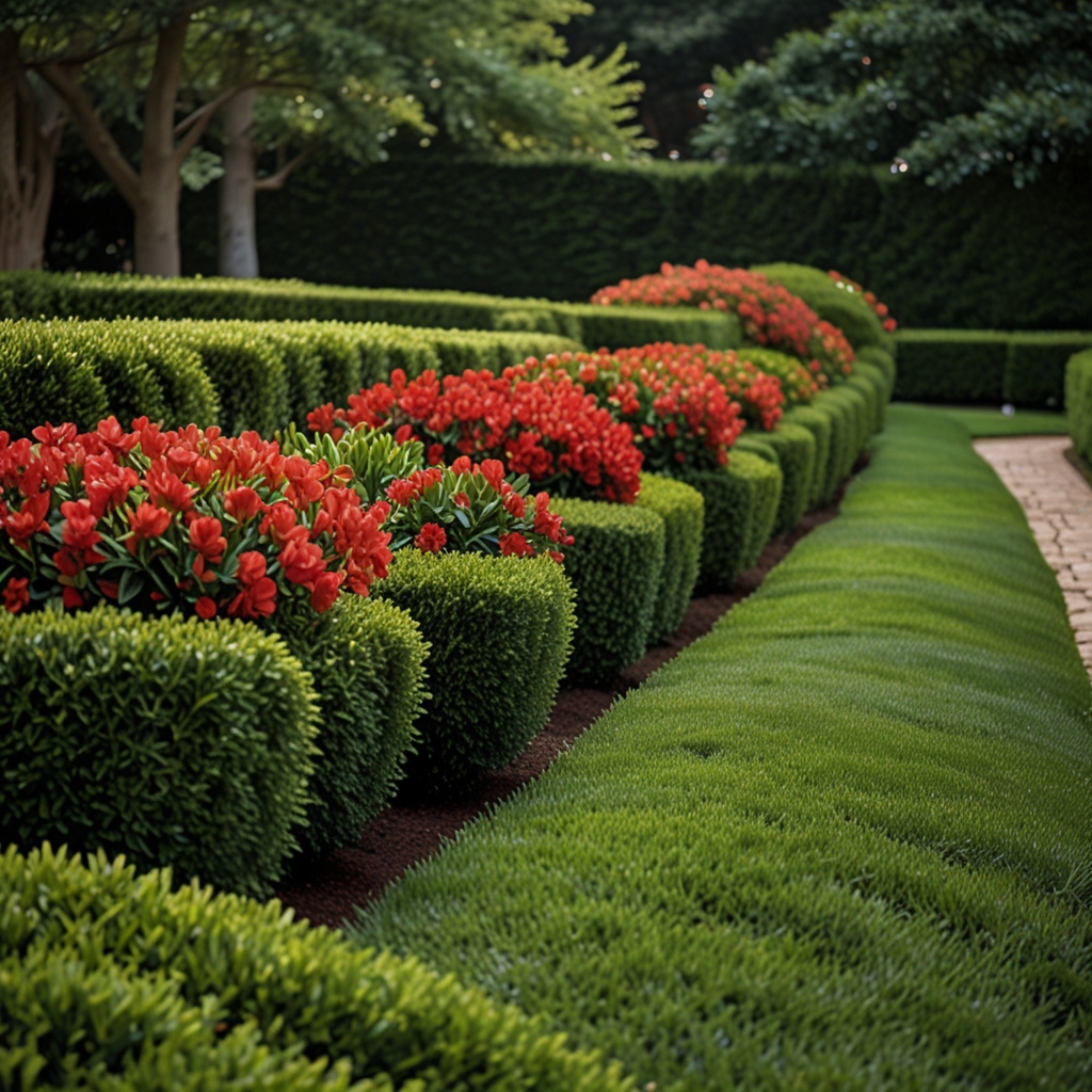Boxwood hedges frame colorful florals under crisp morning light. Eye-level view blends neat formality with playful softness.