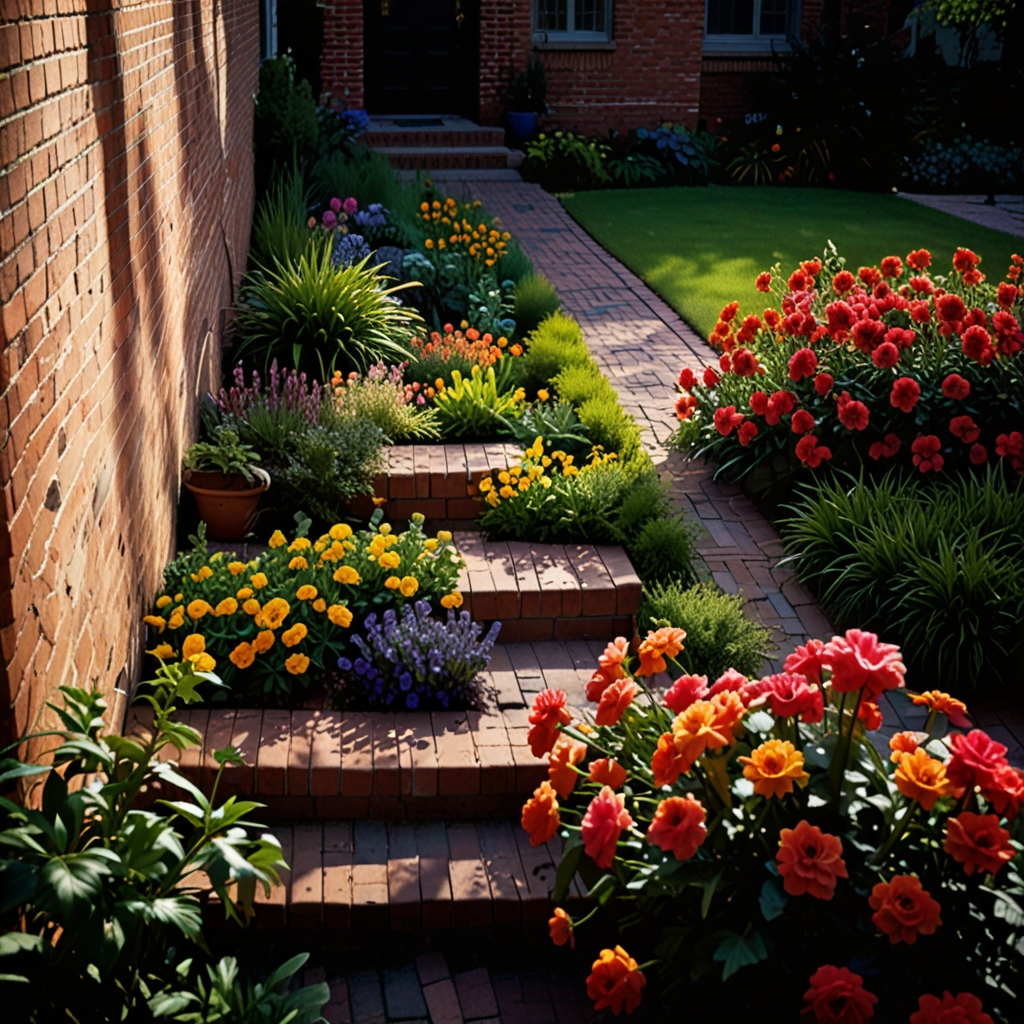 Lush garden framed in herringbone bricks under high sun. Structured layout meets color chaos in this side-diagonal shot.