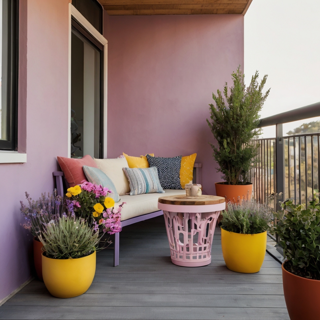 Hand-painted pink and yellow planters brighten balconies with cheerful colors. Filled with flowers and herbs, these planters bring whimsy and tranquility to outdoor spaces.