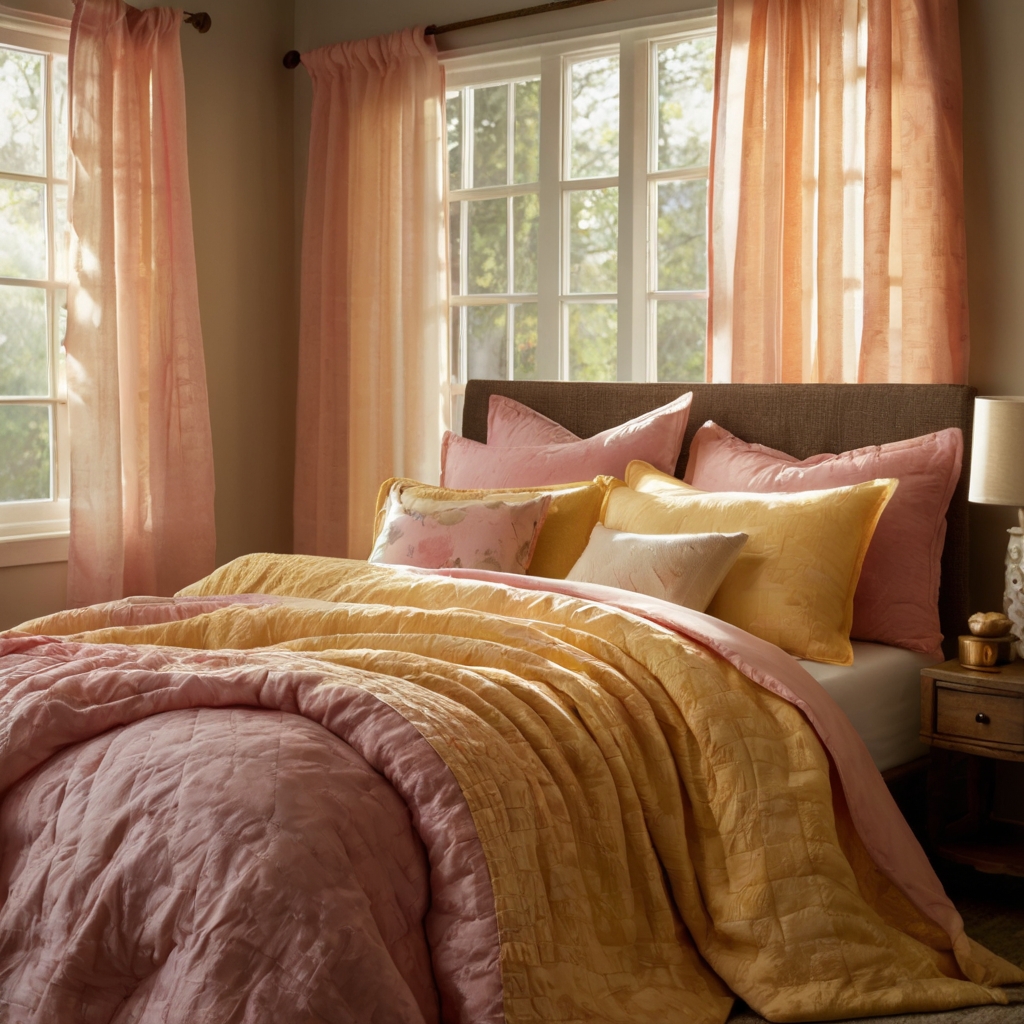 Soft, warm yellow bedspreads paired with delicate pink quilts create a serene, inviting atmosphere. Golden lighting from whimsical lamps adds a gentle glow to the cozy room.